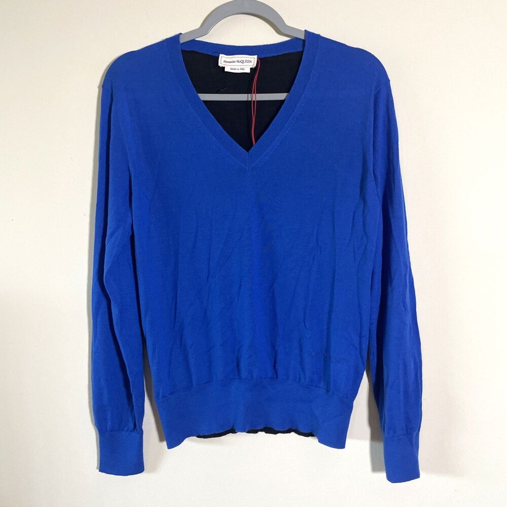 Alexander McQueen Women's Blue Black V-Neck Cashmere Sweater Size XL Made Italy - Picture 1 of 8